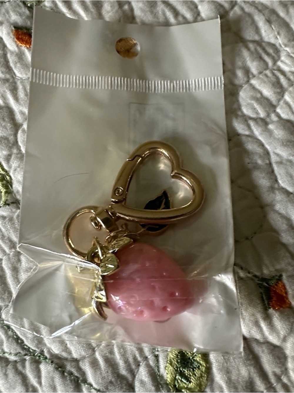 Gold Heart Keychain with Pink Strawberry Charm